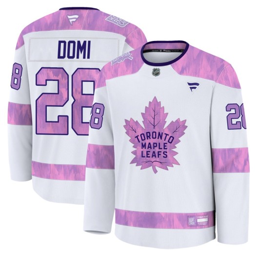 Tie Domi Toronto Maple Leafs Youth Fanatics Premium White 2024 Hockey Fights Cancer Practice Jersey